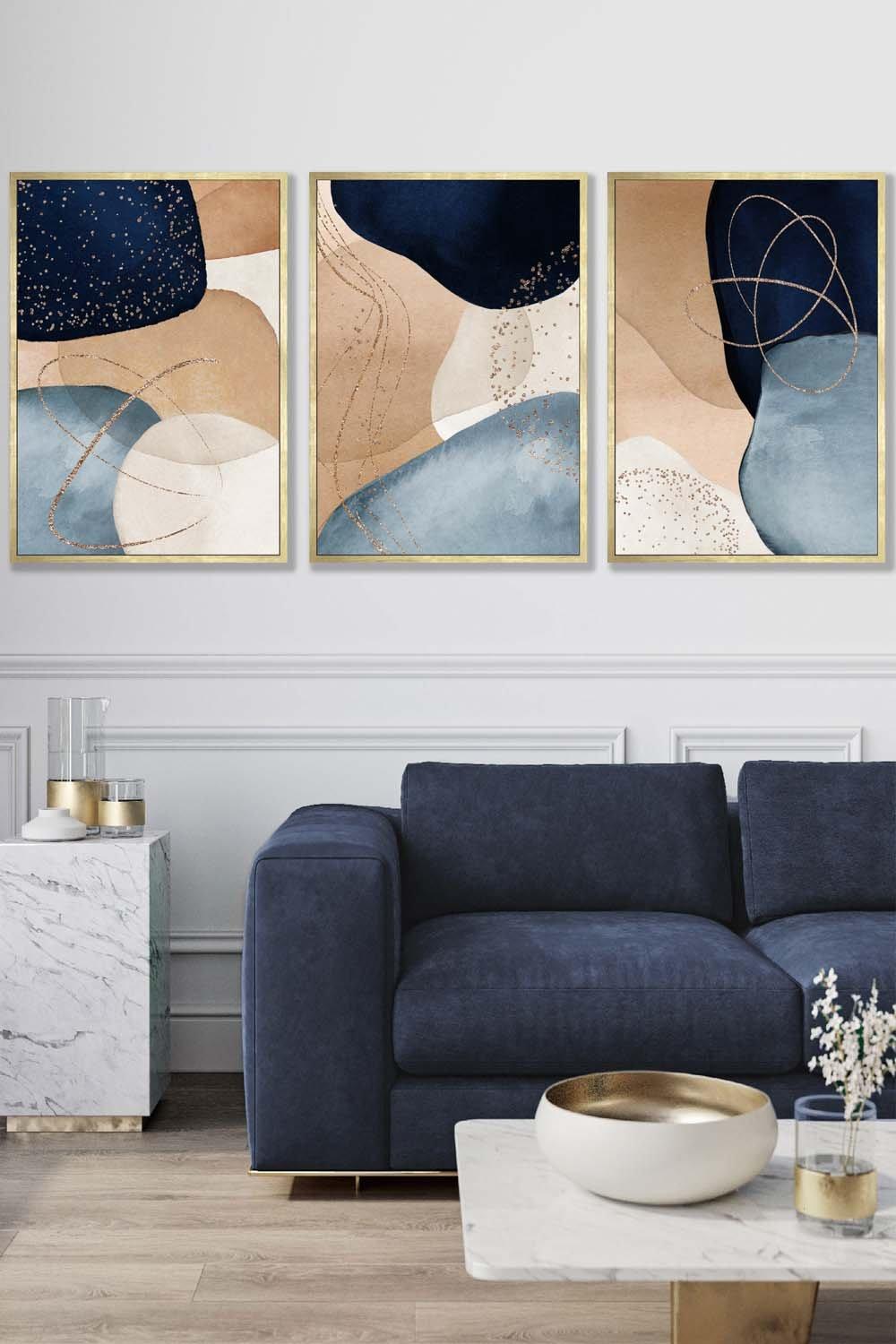 Abstract Blue, Beige, Gold Shapes Framed Wall Art - Large